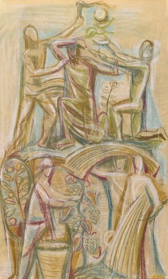 Rolf Müller-Landau, 1903 Kia Ying Chow, China/1956 Bad Bergzabern, Pastell auf Papier, Ernteszene wohl 1948/49. figürliche Darstellungen mit ...