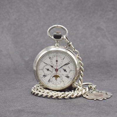 Offene Herrentaschenuhr mit Vollkalender & Schaltradchronograph in 800er Silber an englischer Silberkette, Schweiz um 1900, altersbed. dell., Boden ...