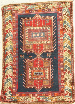Schirwan antik, Kaukasus, um 1900, Wolle auf Wolle, ca. 150 x 110 cm, Starke Gebrauchsspuren,alte Restaurierungen