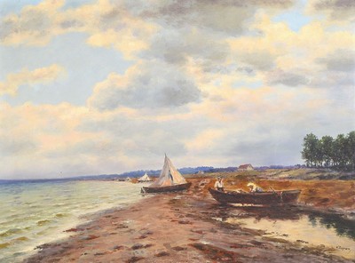 Wilhelm Dohmann, 1884 Bühne-1945 Atzelgift/Westerwald, bekannter Landschaftsmaler der Düsseldorfer Schule, Fischerpaar am Strand unter bewegtem ...