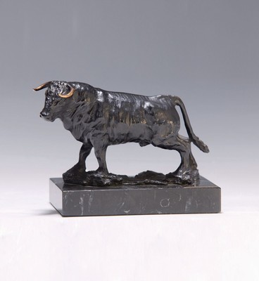 Luis Moreno, geb. 1948 Madrid, Toro con cuernos dorados, Bronzeskulptur, rückseitig monogrammiert und num. 24, Marmorplinthe, Gesamth. ca. 10.5cm