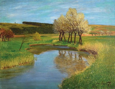 Adolf Luntz, 1875 Wien - 1934 Karlsruhe, "Pflaumenblüte bei Weilderstadt", Öl/Lwd, re.u. signiert, rückseitig mit altem Etikett und ...