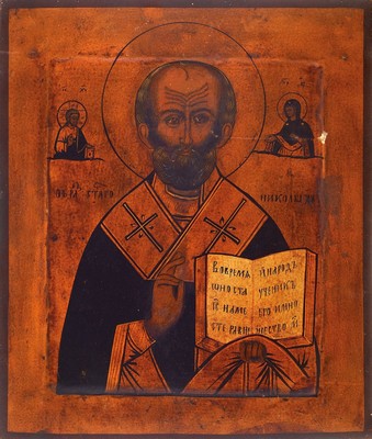 Ikone, Russland, um 1900, Hl. Nikolaus, Tempera auf Holz, vertieftes Mittelfeld, ca. 31x26cm