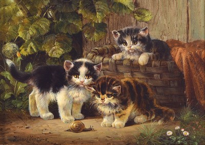 Hubert Kaplan, geb. 1940 München, drei junge Katzen beobachten eine Schnecke, Öl/Holz, links unten signiert, ca. 12x18cm, R. ca. 24x30cm