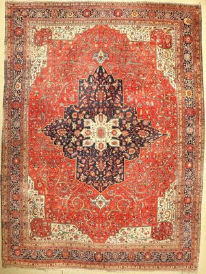 Großformatiger antiker Farahan, Westpersien, 19.Jhd., Wolle geknüpft auf Baumwolle, wuchtiges Medallion auf rostrotem Feld, ca, 440 x 330 cm, ...