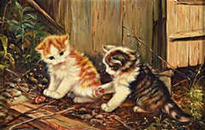 Inge Gruber-Böhm, geb. 1941 Arnstadt, zwei kleine Katzen beobachten eine Schnecke, Öl/Holz, links unten signiert, ca. 10x15cm, R. ca. 22x27cm