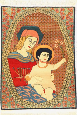 Feiner Kork Keschan(Maria mit Jesuskind), um 1950/1960, Korkwolle geknüpft auf Baumwolle, ca. 90 x 67 cm, EHZ:2(guter Zustand).