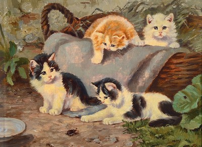 Benno Kögl, 1892-1973 München, vier junge Katzen beobachten einen Käfer, Öl/Lwd, rechts unten signiert, ca. 18x24cm, R. ca. 28x34cm