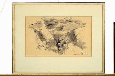 Otto Dill, 1884 Neustadt-1957 Bad Dürkheim, zwei Beduinen reiten im Wadi, lavierte Tuschezeichnung, rechts unten signiert, ca. 16x27cm, PP, u.Gl., ...