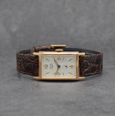 GUB Armbanduhr mit Kaliber 6622, DDR um 1955, rectang. Metallgeh. verg., Edelstahlboden aufgedr., silb. Zifferbl. rest., gebl. Zeiger, Anz. v. Std., ...