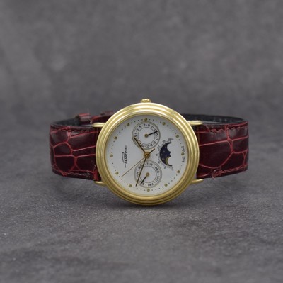 PRIOSA Armbanduhr in GG 585/000 mit Mondphase, Schweiz um 1990, quarz, Boden aufgedr., weißes Zifferbl. m. gold. Indizes & Zeigern, Tag & Datum, D. ...