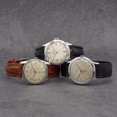 Konvolut: 3 Herrenarmbanduhren, Schweiz um 1950 - 1960, 1) RECORD Watch Co, Automatik, verchr. Geh., Kal. 174, D. ca. 37 mm, 2) CYMA Cymaflex, ...