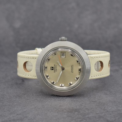 TISSOT Sideral Herrenarmbanduhr, Schweiz um 1970, Automatik, Fiberglas-Geh., verchr. Lünette, silb. Zifferbl. m. aufges. Std.-Ind. fl., weiße ...