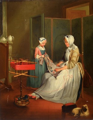 Ungedeuteter Künstler, deutsch, um 1840/50, Mutter und Tochter bei der Handarbeit, detailreiche Darstellung, im Vordergrund liegender Mops und ...