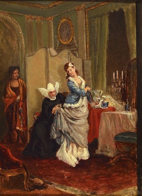 Gerke Henkes, 1844 Delfshaven - 1927 Rotterdam, niederländischer Maler im Stil der Haager Schule, hier: im Ankleidezimmer, junge Frau beim ...
