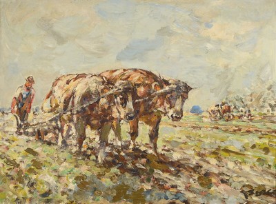 Julius Seyler, 1873 München - 1955, pflügender Bauern mit Ochsengespann, Öl/Malkarton, re. u. signiert, 59 x 80 cm, Rahmen ca. 80 x 100 cm, l. ...