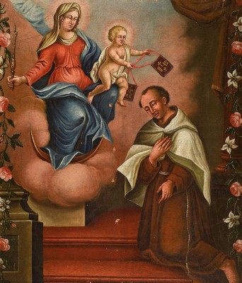 Heiligenbild, süddeutsch, um 1840, Vision des Heiligen Franziskus, betender Franziskus mit Mutter Gottes und Jesus Christus, Öl/Lwd, unsigniert, ...