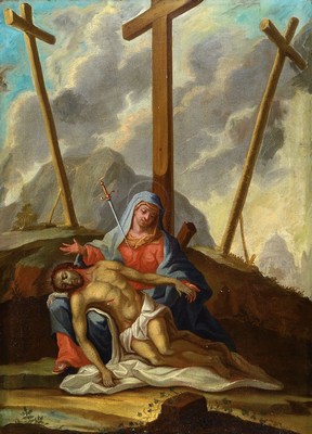 Süddeutscher Künstler, um 1750, Pieta, Mater Dolorosa/Schmerzensmutter, Maria im roten Kleid und blauem Mantel mit einem Schwert in der Brust, im ...