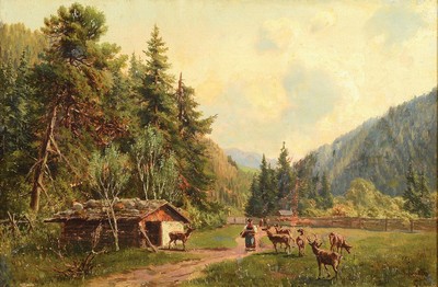 Otto von Ruppert, 1841 Waldshut - 1923 München, Rotwild im Gehege mit Bäuerin, Öl/Lwd, re. u. signiert, rückseitig auf Keilrahmen beschriftet: ...