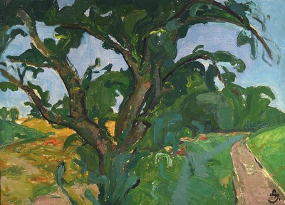 Anton Jeschek, Maler, Illustrator aus Wien, 20er Jahre, (Zuschreibung), sommerliche Landschaft mit großem Baum im Vordergrund, Öl/Lwd, re. u. ...