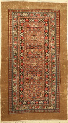 Feiner Sarab antik, Persien, Mitte 19.Jhd, Kamelwolle auf Baumwolle, ca. 235 x 135 cm, Starke Gebrauchsspuren, Mottenfraß,Restaurierungen