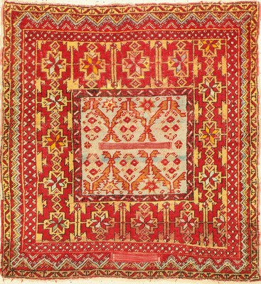 Kirsehir Sattelauflage, Türkei, um 1910, Wolle auf Wolle, ca. 93 x 87 cm, Starke Gebrauchsspuren