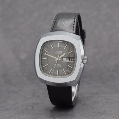 LANCO nahezu neuwertige Herrenarmbanduhr, Schweiz um 1965, Automatik, Ref. 36590, verchr. Geh., Stahlboden unter Bajonette Verschluß, graues ...