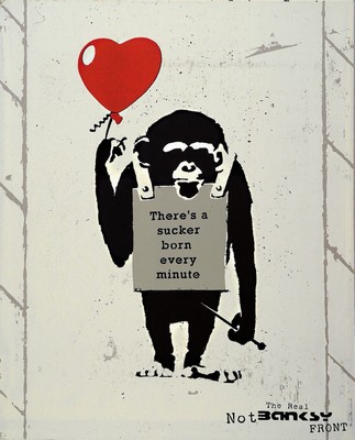 Not by Banksy by Not Not Banksy, "True Love fake art Suckers!", 2019, Farbsiebdruck auf Pappe, verso sign., num. 285/500, Stempel, inkl. ...