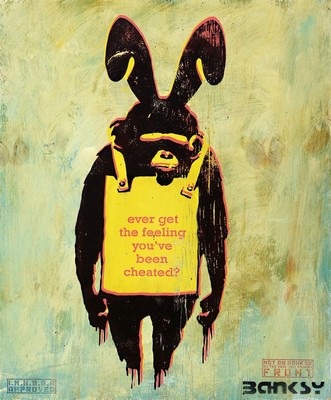Not by Banksy by Not Not Banksy, (Stot21STCplanB)," 11th Hour CHIMP original", Sprühtechnik/Holz, 2019, verso sign., Stempel,dat. ...