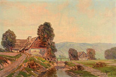 A. Schubert, wohl süddeutscher Maler, Mitte 20. Jh., Bauernhäuser in Vorgebirgslandschaft, Öl/Lwd, signiert, leichte Druckstellen, ca. 42 x 78 cm, ...