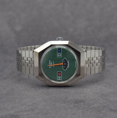 ZENO De Luxe seltene Herrenarmbanduhr mit digitaler Anzeige, Schweiz um 1970, Handaufzug, verchr. Gehäuse, Boden geschr., neutr. Stahlband, grünes ...