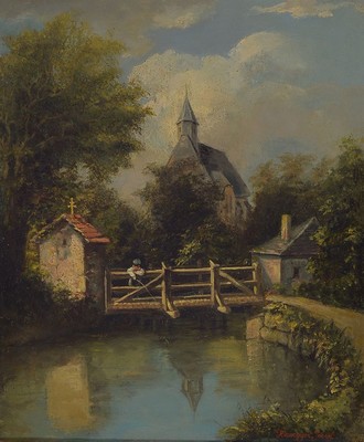 Josef Hauringer, wohl süddeutscher Maler, um 1870/80, kleiner Angler auf der Brücke, Öl/Lwd, idyll. Flußlandschaft, re. u. rot signiert, ca. 34 x ...