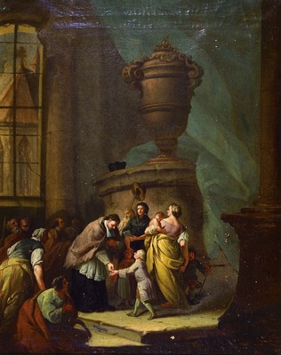 Unbekannter Meister, wohl Frankfurter Raum, um 1760, Spende des jungen Adeligen an den Geistlichen für die Almosen, Öl/Lwd, der Geistliche nimmt ...