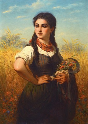 August Clemens Humbert, 1827 Frankfurt 1898, junge Frau mit nach links gerichtetem Blick steht vor einem Kornfeld mit Blühstreifen, eine Hand in die ...