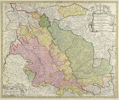 4 Kupferstiche 18. Jh., a. Drei Ansichten von Karlsruhe, Homann, altkoloriert,stockfleckig, ca. 63 x 54 cm, b. Karte von Köln und angrenzende ...