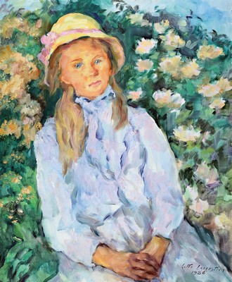 Lotte Laserstein, 1898 Schweden 1993, Halbporträt eines Mädchens vor Blumen, Öl/Lwd, re. u. signiert und dat. 1986, 73 x 60 cm, Rahmen