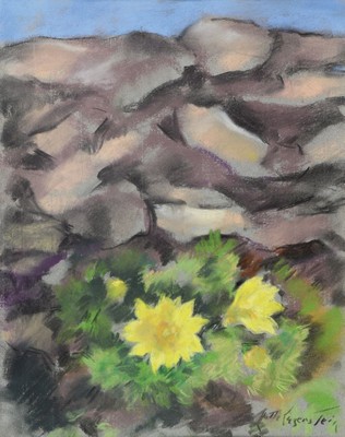 Lotte Laserstein, 1898 Schweden 1993, Felsenlandschaft mit gelben Blumen, Pastell, re. u. signiert, 53 x 41 cm, unter Glas, Rahmen