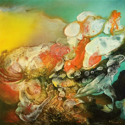 Ryszard Tomczyk, geb. 1931 Polen, "Krystalizacja", großformatige Arbeit, 1987 Acryl/Lwd, signiert, ca. 100 x 100 cm, Rahmen