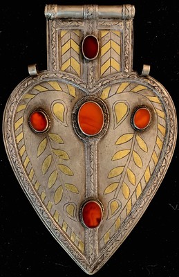 Tekke Rückenschmuck,(Asik), antik, Turkmenistan, um 1900, Silber,Teilvergoldet, Karneole, ca, 17 x 11 cm, guter Zustand