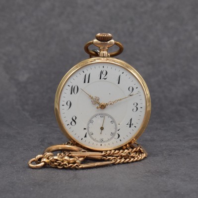 Offene Taschenuhr in RG 585/000, Schweiz um 1900, guill. Rückdeckel mit Monogramm, Metallcuvette m. Widmung, Emailzifferbl. m. arab. Zahlen, gold. ...