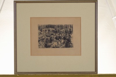 Max Liebermann, 1847-1935, Fischmarkt in Amsterdam, Radierung von 1907, rechts unten handsigniert, bez.: Blatt IV, ca. 10x15cm, gebräunt, PP, u.Gl., ...