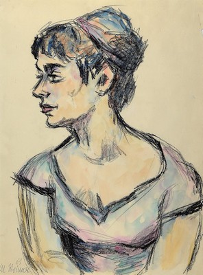 Michaela Krinner, 1915-2006, Profilporträt eines jungen Frau mit Dutt, Kohle und Aquarell, links unten signiert und dat. 61, Papier leicht ...