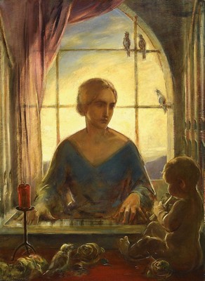 Oskar Wiedenhofer, geb. 1889 Bozen, war ansässig in Seis am Schlern, hier: die Hl. Cäcilie vor einem Kirchenfenster, im Vordergrund Rosen und ein ...