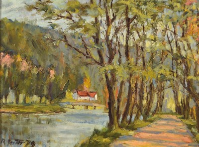 Robert Seiter, geb. 1912 Ludwigshafen, Landschaft in der Pfalz, Öl/Hartfaser, signiert, ca. 27x36cm, R. ca. 33x42cm