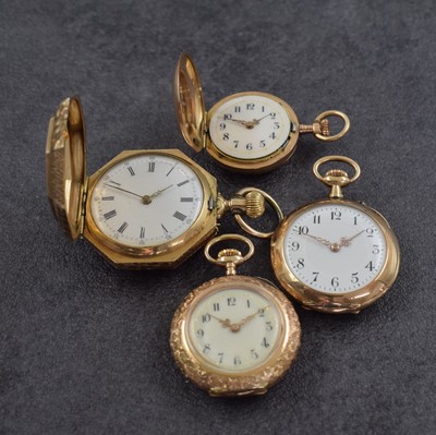 Konvolut 4 Damentaschenuhren in RoseG 585/000, Schweiz um 1890, alle mit Emailzifferbl., 2 Savonette, davon 1 x im reich gravierten, octagonalem ...