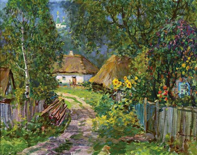 Stephan Michailowitsch Gerasimenko, geb. 1980 Kiew, ukrainischer Künstler, bet. "Silska Wuliza" Dorfstraße, Öl/Holz, blühende Gärten ...