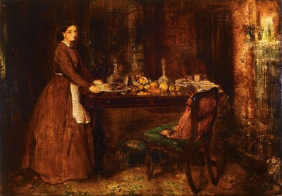 Englischer Künstler, Mitte 19. Jh., junge Frau an gedeckter Tafel, stiltyp. Interieur, Öl/Lwd/gewölbte Holztafel, im Stil von William Powel Frith, ...
