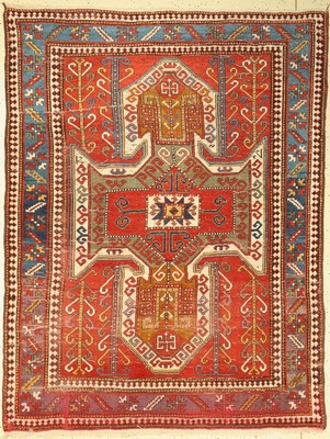Antiker Sewan Schild-Kazak, Südwestkaukasus, 19 Jhd., Wolle geknüpft auf Wolle, ca, 223 x 170 cm, EHZ:(Alters-und Gebrauchsspuren)