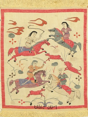 Feiner signierter Esfahan Kelim, (Seirafian), Persien, um 1960/1970, reine Naturseide, seltener Kelim mit Jagdmotiv aus dem Hause Seirafian, ca. 58 ...