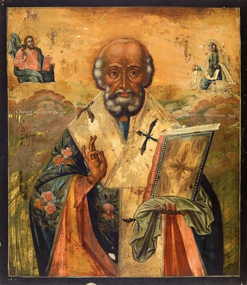 Ikone, Russland, 2. Hälfte 19. Jh., Hl. Nikolaus, Tempera auf Holz, oben mit zwei Heiligen, leichte Alters- und Gebr.-spuren, ca. 31x27cm